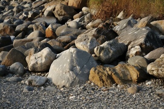 arrangement of rocks at shoreline. Generative AI