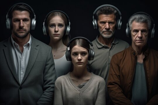 A group of people standing next to each other, each wearing headphones. This picture can be used to represent teamwork, collaboration, or a shared interest in music or audio.