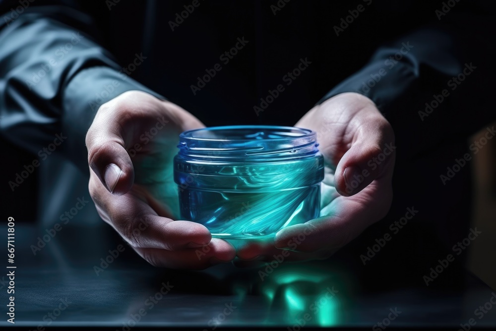 Poster a person is seen holding a jar of liquid on a table. this image can be used for various purposes.