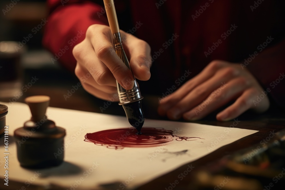 Poster A person using a brush to create artwork on a piece of paper. This image can be used for various creative projects.