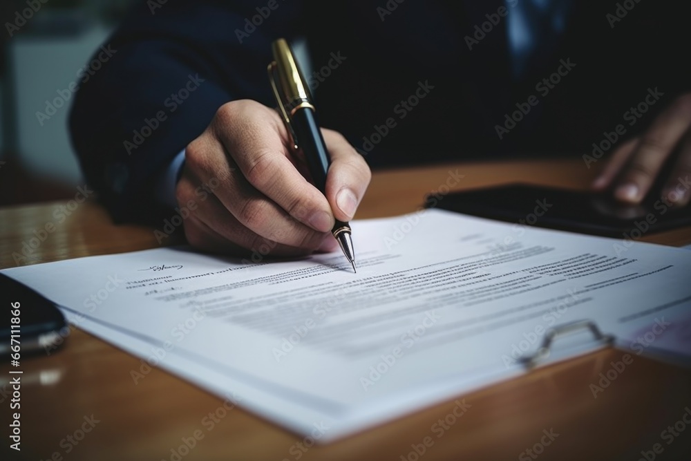Poster a person is pictured signing a document with a pen. this image can be used to represent the act of s