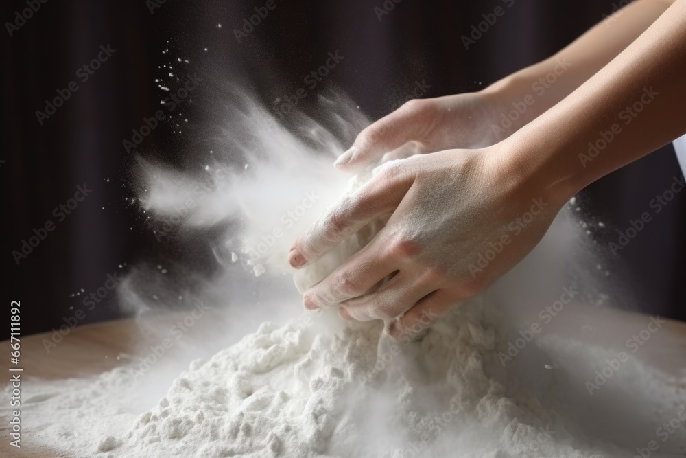 Poster a person is kneading a pile of flour on a table. this image can be used to showcase the process of b