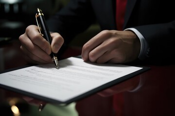 A man in a suit is shown signing a document with a pen. This image can be used for business, legal, or administrative purposes.