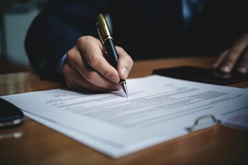 A person is pictured signing a document with a pen. This image can be used to represent the act of signing important paperwork or contracts. - obrazy, fototapety, plakaty