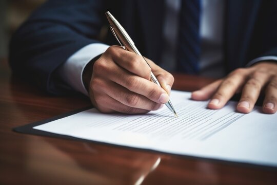 A man in a suit signing a document with a pen. This image can be used to depict business, paperwork, contracts, or official agreements.