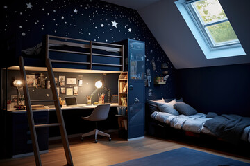 Children's room with rich blue walls. Dark furniture, blue patterned bedding and silver stars create contrast