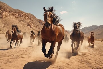 A dynamic image capturing a herd of horses running across a dirt field. 