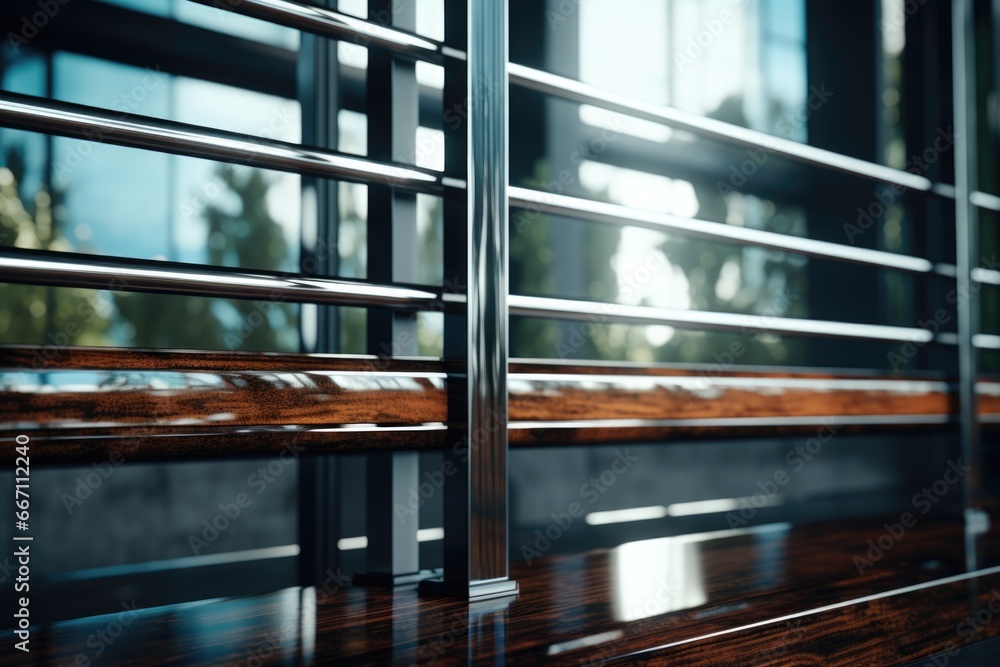 Aufkleber a close-up view of a wooden bench placed near a window. this picture can be used to showcase a cozy 