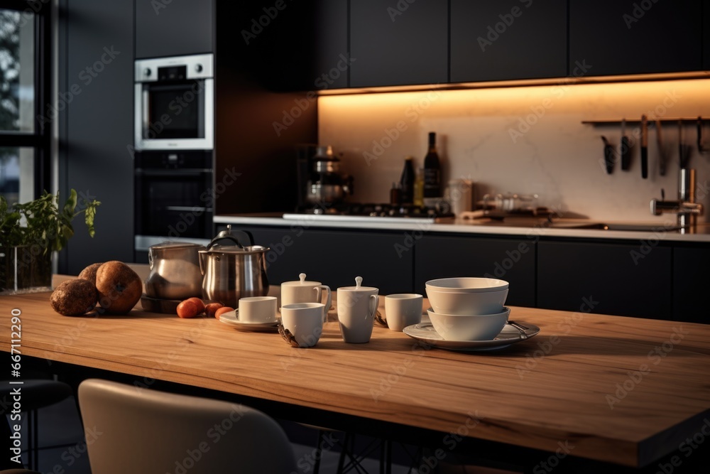 Poster a picture of a wooden table with cups and saucers. perfect for showcasing a cozy coffee corner or ad