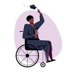 A vector image of a black student in a wheelchair in an academic dress. - 667112273