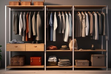 A walk-in closet showcasing a vast collection of clothing options. This image can be used to depict fashion, wardrobe choices, or the concept of abundance