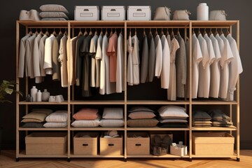 A cluttered closet filled with a variety of clothes and boxes. Ideal for illustrating organization, storage, or fashion themes