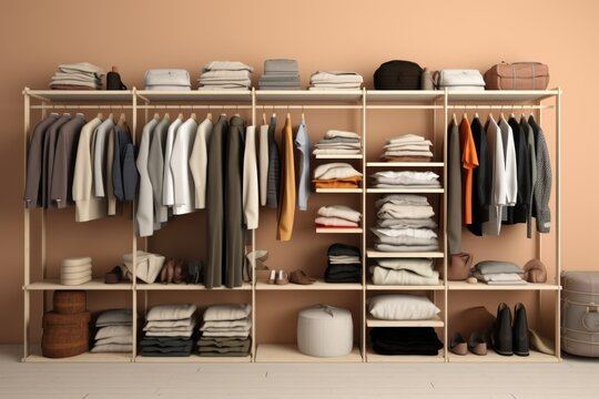A closet filled with a wide variety of clothes and shoes. This image can be used to showcase a large wardrobe or to depict fashion and style.