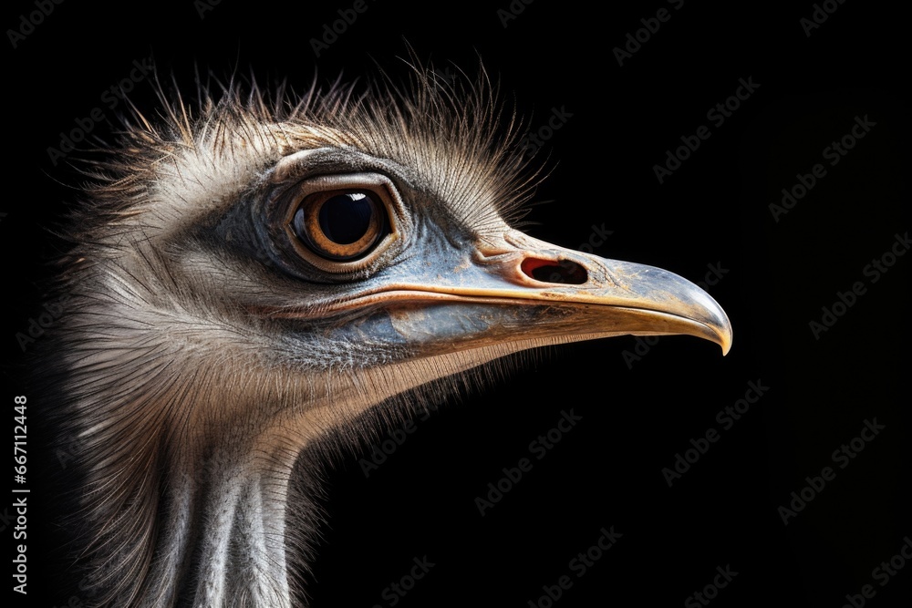 Aufkleber a close up view of an ostrich's head against a black background. this image can be used to depict th