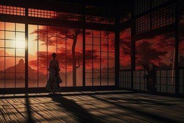A woman wearing a traditional kimono stands gracefully in front of a window. 