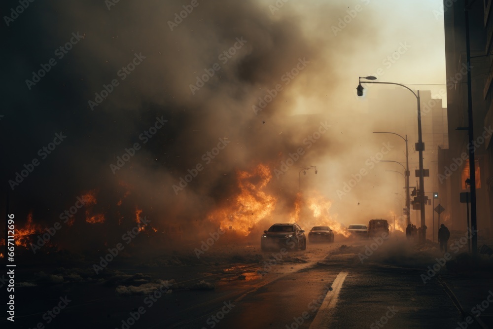 Poster a raging fire engulfs a city street, causing chaos and destruction. this intense image captures the 