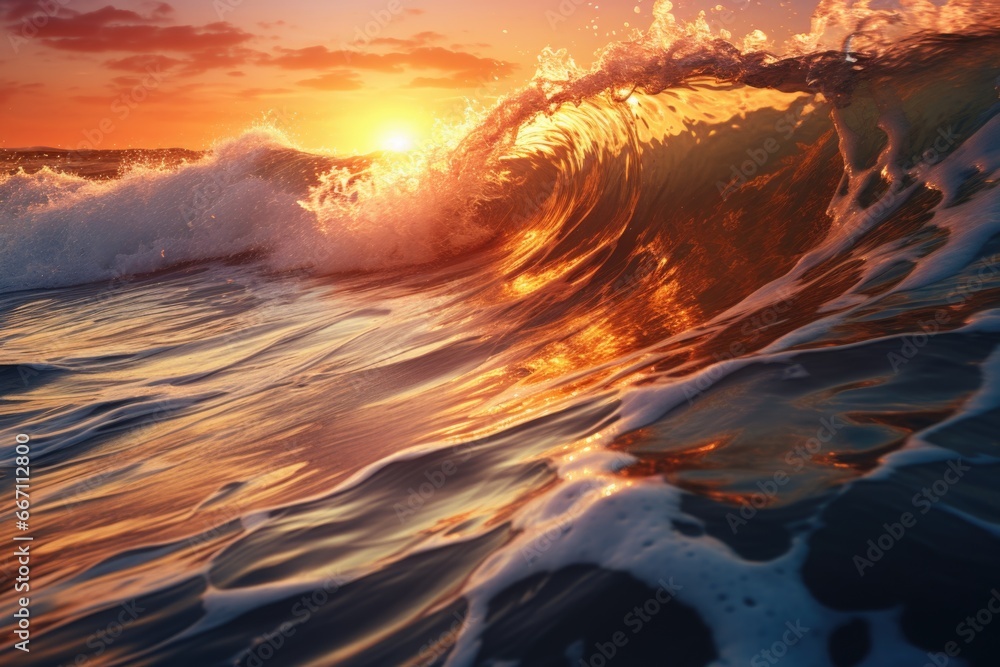 Poster A beautiful image capturing the sun setting behind a wave in the ocean. Perfect for beach and nature-themed designs