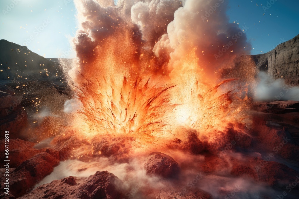 Poster an image capturing a powerful and vibrant explosion of orange and white smoke.