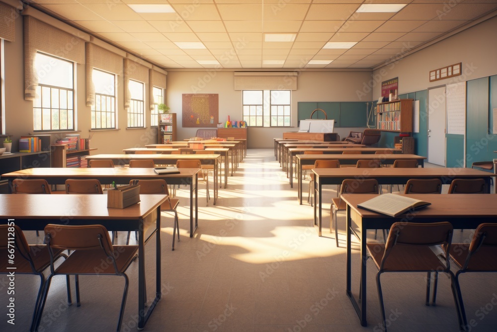 Poster An empty classroom with neatly arranged desks and chairs. Ideal for educational concepts and school-related designs