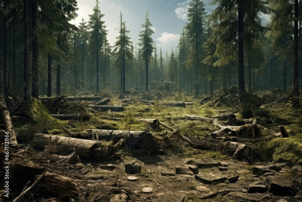 Poster a picturesque view of a dense forest with an abundance of trees and rocks. ideal for nature enthusia