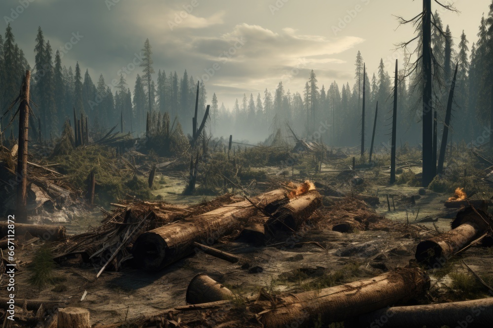 Poster a group of logs sitting on top of a forest. this image can be used to depict nature, logging, defore