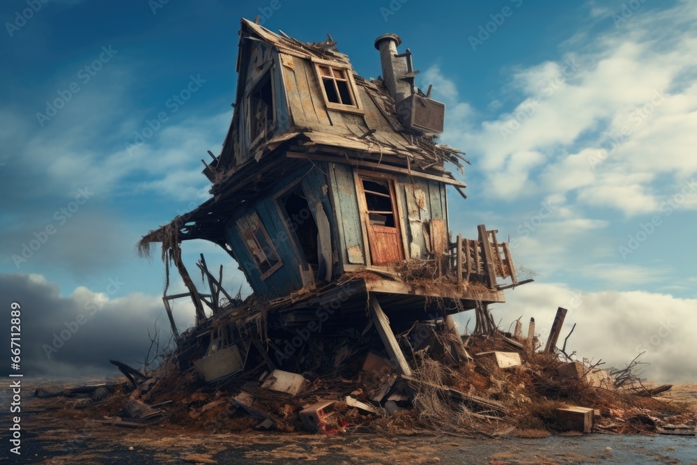 Poster a house perched on top of a pile of rubble. this image can be used to represent destruction, resilie