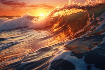 A beautiful image capturing the sun setting behind a wave in the ocean. Perfect for beach and nature-themed designs