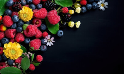 Blueberries and raspberries with yellow blossoms.