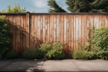 A picture of a wooden fence adorned with plants and a fire hydrant. This image can be used to depict a peaceful outdoor scene or to represent safety measures in a neighborhood