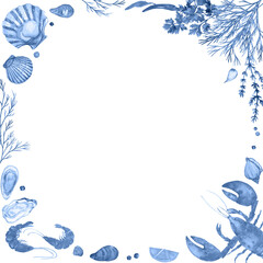 Creative Menu Ideas in vintage blue shades. Seafood watercolor square frame. Lobsters, shrimps, oysters, mussels, clams. Design for restaurant menus, wedding menu, cooking book. Delicious food