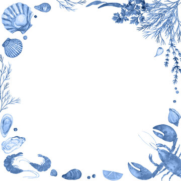 Creative Menu Ideas in vintage blue shades. Seafood watercolor square frame. Lobsters, shrimps, oysters, mussels, clams. Design for restaurant menus, wedding menu, cooking book. Delicious food