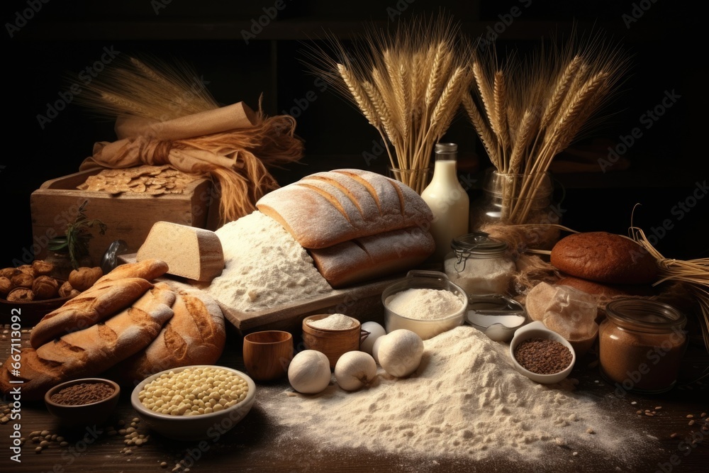 Poster a variety of different types of bread displayed on a table. this image can be used to showcase the d