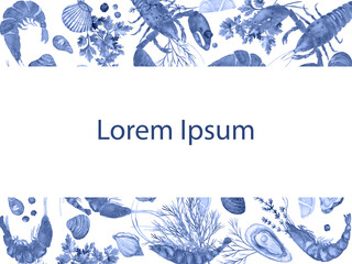 Seafood frame. Invitation Templates, Culinary Arts Diploma Certificate template, Chef Award Certificate, Cooking Competition, Certificate Templates. Hand drawn watercolor elements