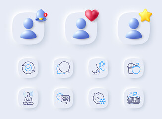 Quick tips, Arena and Juice line icons. Placeholder with 3d bell, star, heart. Pack of Freezing timer, Security confirmed, Yoga icon. Whisper, Chat message pictogram. For web app, printing. Vector