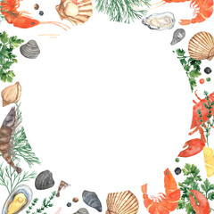 Seafood watercolor square frame. Lobsters, shrimps, oysters, mussels, clams, spices and herbs for seafood. Design for restaurant menus, wedding menu, cooking book. Healthy lifestyle, delicious food