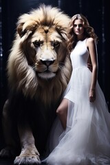 A Beautiful Girl with Long White Dress poses next to a Majestic Lion in the middle of the Forest. Fashinating Lion looking next to the Lens.