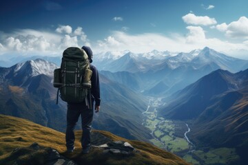 A man with a backpack standing on top of a mountain. This image can be used to represent adventure, exploration, and conquering challenges