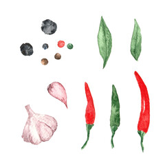 Spicy blend of organic peppercorns. Garlic, chilli,Bay leaves and mix pepper, black pepper, cayenne. Peppercorn blend. Marinade mix. Baebecue seasoning. Watercolor