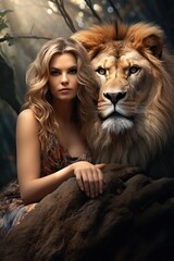 A Beautiful Girl poses next to a Majestic Lion in the middle of the Forest. Fashinating Lion...