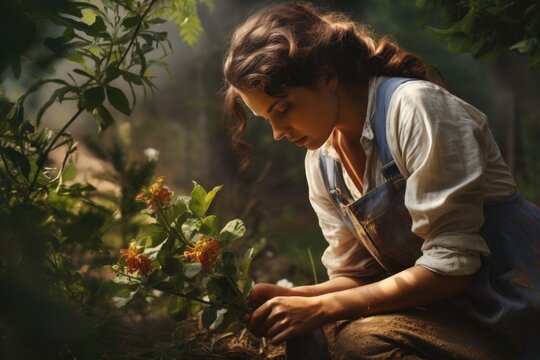 A woman is kneeling down in a garden, carefully picking flowers. This image can be used to depict gardening, nature, or the joy of outdoor activities