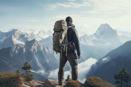 A man stands on top of a mountain, wearing a backpack. This image can be used to depict adventure, hiking, exploration, and the beauty of nature