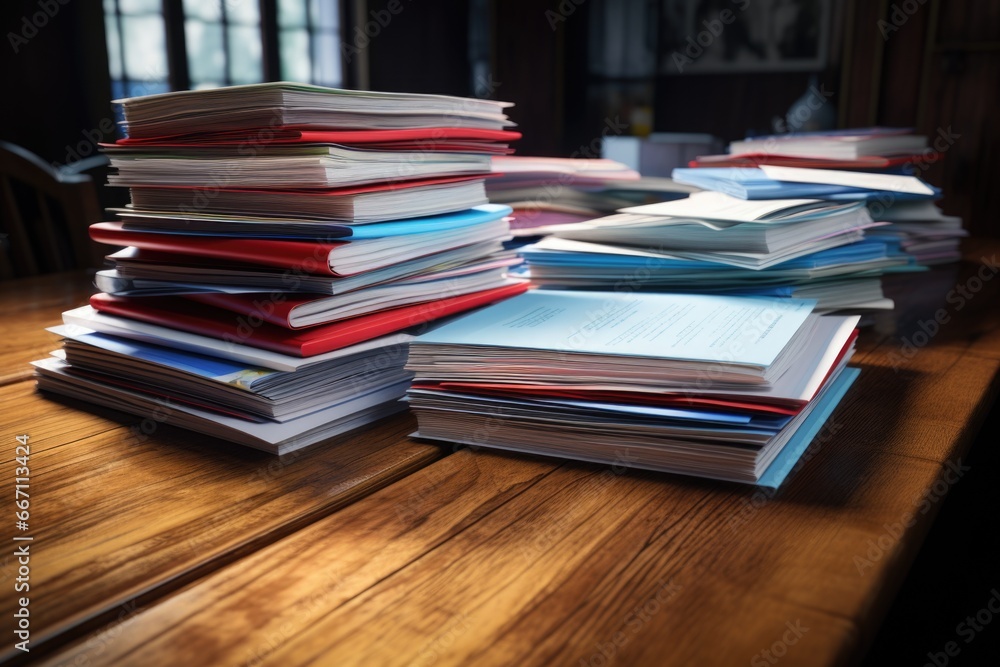 Poster a stack of papers sitting on top of a wooden table. perfect for office or business-related concepts