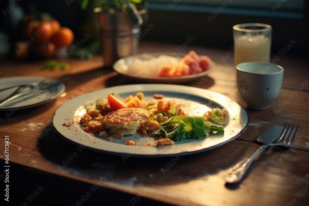 Poster a plate of delicious food is placed on top of a wooden table. this image can be used to showcase a v