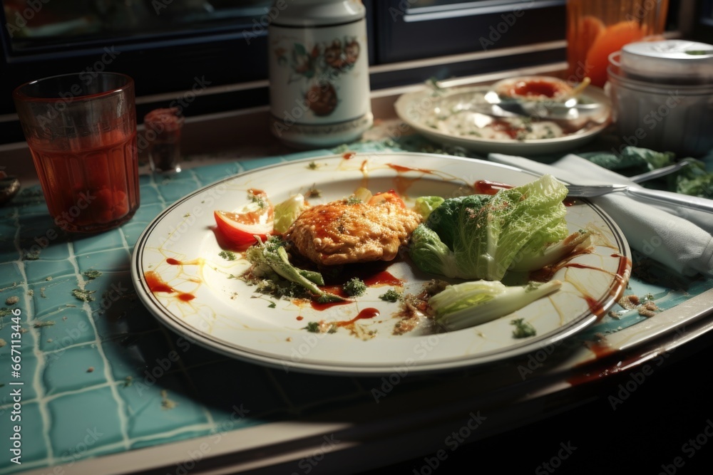 Poster a white plate topped with lettuce next to a glass of water. this image can be used to showcase a hea