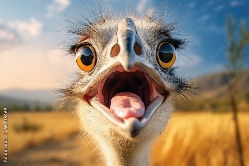Poster An up-close view of an ostrich with its mouth wide open. This image can be used to depict the unique features and behavior of ostriches in nature