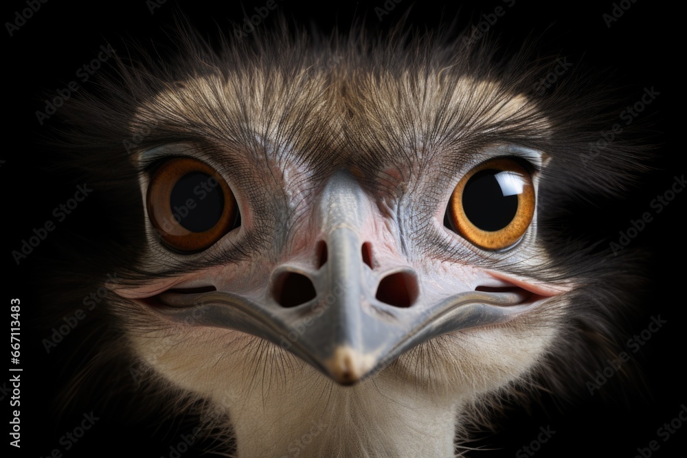 Poster A close-up photograph of a bird's face with a black background. This image can be used for various purposes, such as nature blogs, wildlife articles, or educational materials on birds