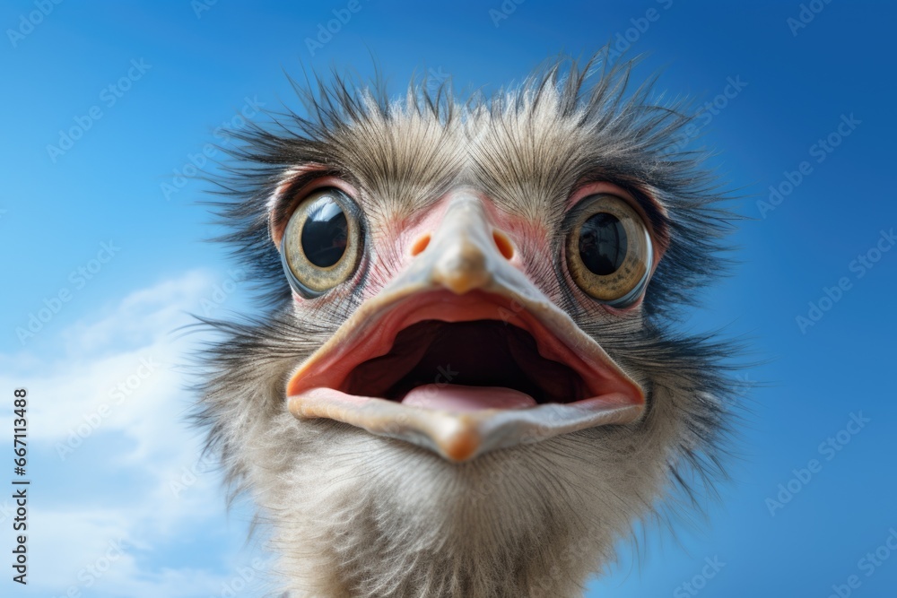 Poster an up-close portrait of an ostrich with its mouth wide open, staring directly at the camera. perfect
