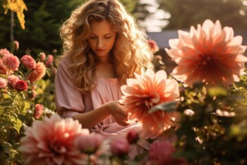 Naklejka premium A woman wearing a pink dress gazes at a beautiful bouquet of flowers. 