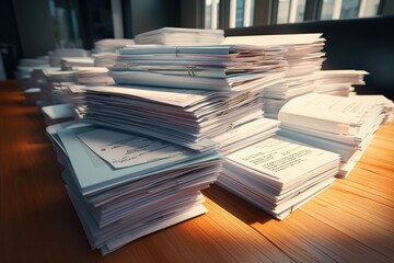 A pile of papers sitting on top of a wooden table. Suitable for office, organization, or paperwork-related concepts