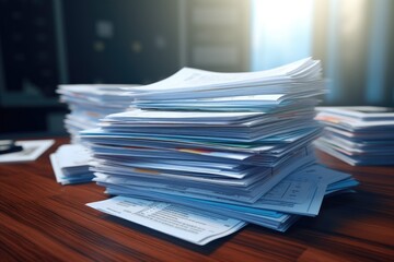 A pile of papers sitting on top of a wooden table. Suitable for office, business, or administrative themes